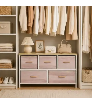 Cómoda con 5 Cajones de Tela Cómoda para Dormitorio Marco de Metal Cajonera para Salón Oficina Natural y Blanco
