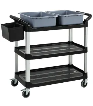 Carro de Limpieza con Ruedas con 3 Estantes 2 Contenedores y Cubo Lateral Colgante Carga 100 kg Negro