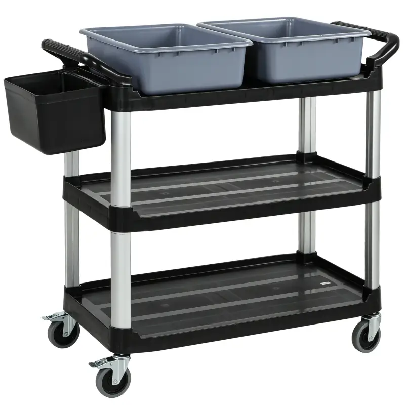 Carro de Limpieza con Ruedas con 3 Estantes 2 Contenedores y Cubo Lateral Colgante Carga 100 kg Negro