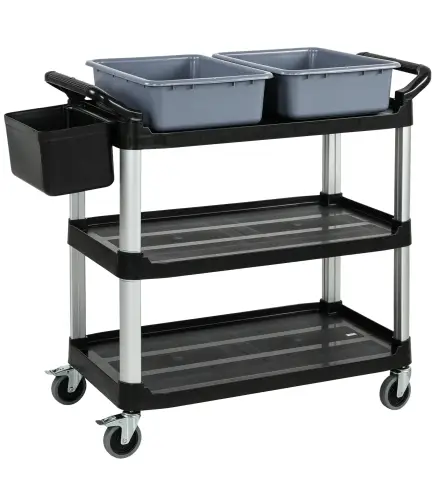 Carro de Limpieza con Ruedas con 3 Estantes 2 Contenedores y Cubo Lateral Colgante Carga 100 kg Negro