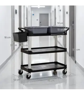 Carro de Limpieza con Ruedas con 3 Estantes 2 Contenedores y Cubo Lateral Colgante Carga 100 kg Negro