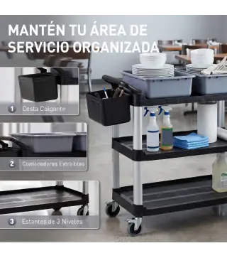 Carro de Limpieza con Ruedas con 3 Estantes 2 Contenedores y Cubo Lateral Colgante Carga 100 kg Negro