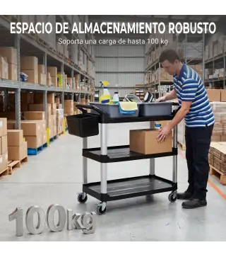 Carro de Limpieza con Ruedas con 3 Estantes 2 Contenedores y Cubo Lateral Colgante Carga 100 kg Negro