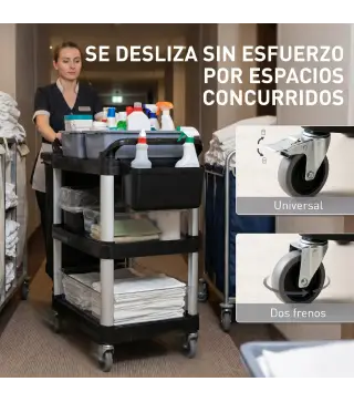 Carro de Limpieza con Ruedas con 3 Estantes 2 Contenedores y Cubo Lateral Colgante Carga 100 kg Negro