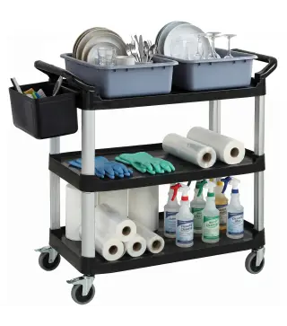 Carro de Limpieza con Ruedas con 3 Estantes 2 Contenedores y Cubo Lateral Colgante Carga 100 kg Negro