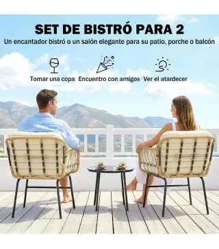 Conjunto de Jardín Exterior de 3 Piezas de Ratán PE 2 Sillas con Cojines Suaves y Mesa de Vidrio Templado Caqui