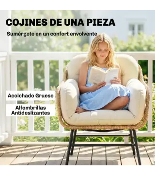 Conjunto de Jardín Exterior de 3 Piezas de Ratán PE 2 Sillas con Cojines Suaves y Mesa de Vidrio Templado Caqui