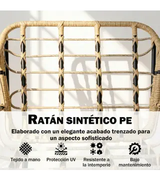Conjunto de Jardín Exterior de 3 Piezas de Ratán PE 2 Sillas con Cojines Suaves y Mesa de Vidrio Templado Caqui
