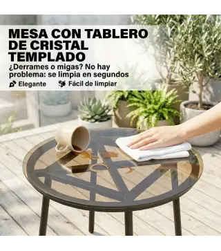 Conjunto de Jardín Exterior de 3 Piezas de Ratán PE 2 Sillas con Cojines Suaves y Mesa de Vidrio Templado Caqui