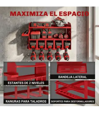 Organizador de Herramientas de Jardín Estante de Almacenamiento de Pared de 2 Niveles para Garaje con Bandeja y Ganchos