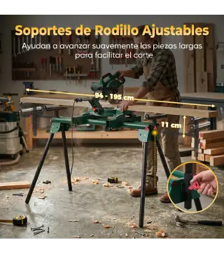 Soporte Sierra Ingletadora Universal con Rodillos Extensibles 94-195 cm Ajustable y Plegable Carga 150 kg Verde