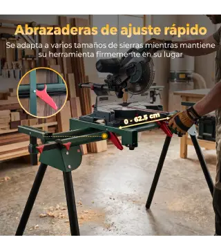 Soporte Sierra Ingletadora Universal con Rodillos Extensibles 94-195 cm Ajustable y Plegable Carga 150 kg Verde