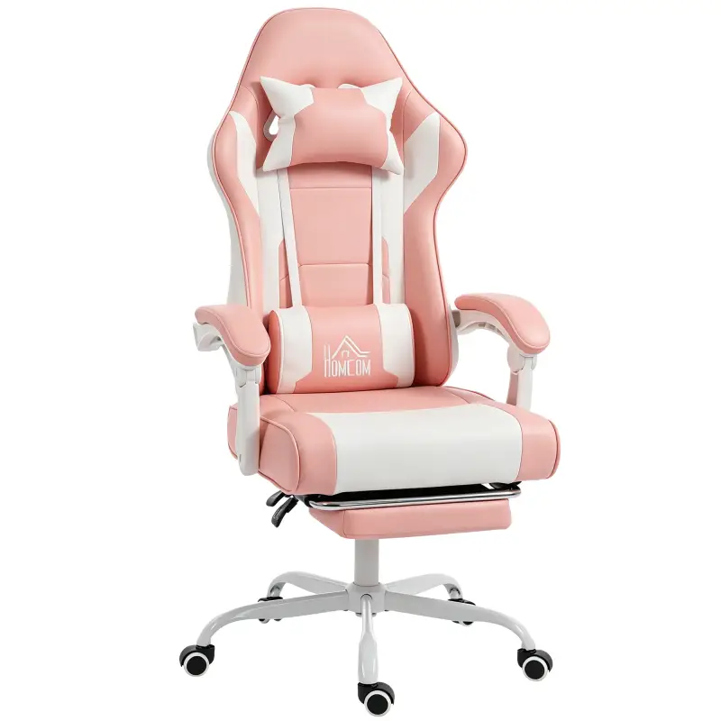 Silla Gamer con Lumbar Masaje Vibración Reclinable 155° Altura Ajustable Reposacabezas y Reposapiés Retráctil Rosa