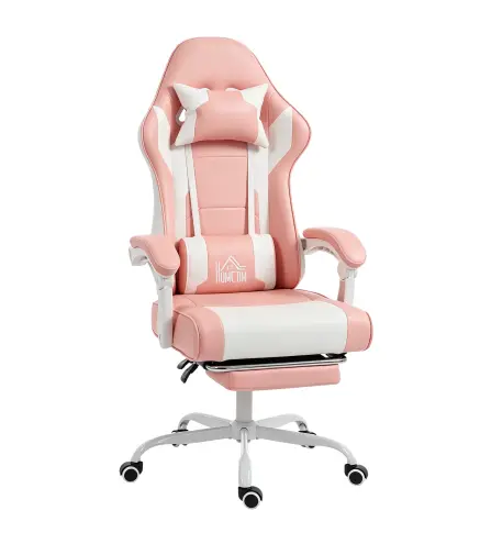 Silla Gamer con Lumbar Masaje Vibración Reclinable 155° Altura Ajustable Reposacabezas y Reposapiés Retráctil Rosa