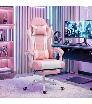 Silla Gamer con Lumbar Masaje Vibración Reclinable 155° Altura Ajustable Reposacabezas y Reposapiés Retráctil Rosa