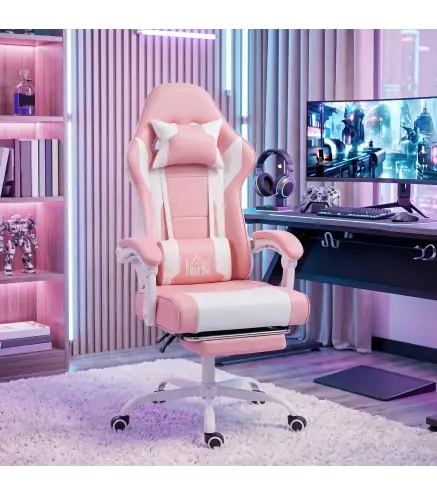 Silla Gamer con Lumbar Masaje Vibración Reclinable 155° Altura Ajustable Reposacabezas y Reposapiés Retráctil Rosa