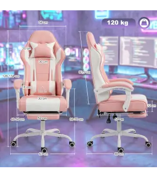 Silla Gamer con Lumbar Masaje Vibración Reclinable 155° Altura Ajustable Reposacabezas y Reposapiés Retráctil Rosa