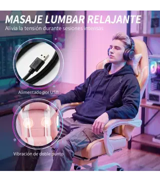 Silla Gamer con Lumbar Masaje Vibración Reclinable 155° Altura Ajustable Reposacabezas y Reposapiés Retráctil Rosa
