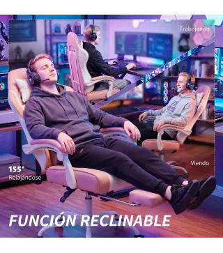 Silla Gamer con Lumbar Masaje Vibración Reclinable 155° Altura Ajustable Reposacabezas y Reposapiés Retráctil Rosa