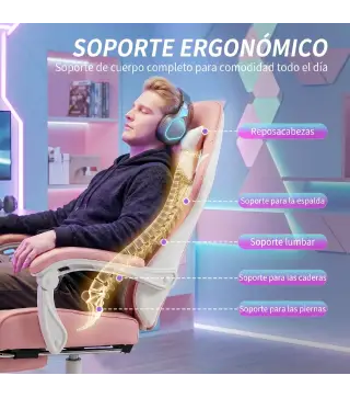 Silla Gamer con Lumbar Masaje Vibración Reclinable 155° Altura Ajustable Reposacabezas y Reposapiés Retráctil Rosa