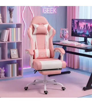 Silla Gamer con Lumbar Masaje Vibración Reclinable 155° Altura Ajustable Reposacabezas y Reposapiés Retráctil Rosa