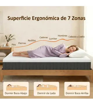 Colchón 190x135 cm Grosor 25 cm Colchón Viscoelástico de Muelles Ensacados de 7 Zonas Firmeza Media Funda Lavable