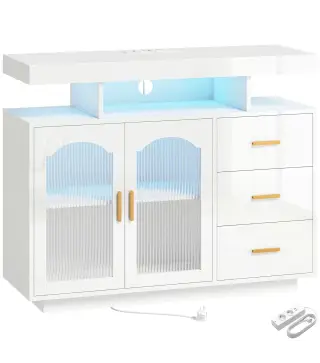 Aparador con LED RGB de 7 Colores Tomas Puertos USB 3 Cajones Estantes Abiertos 2 Puertas Blanco Brillante 100x35x80 cm