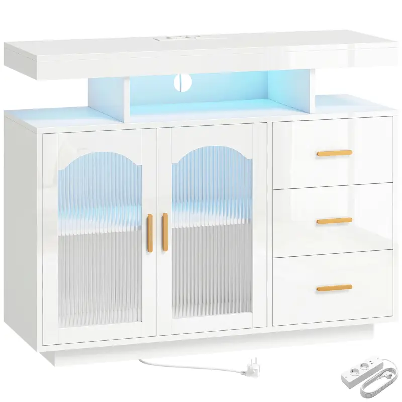 Aparador con LED RGB de 7 Colores Tomas Puertos USB 3 Cajones Estantes Abiertos 2 Puertas Blanco Brillante 100x35x80 cm