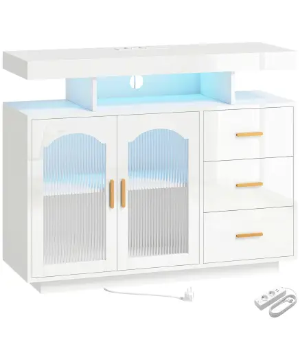 Aparador con LED RGB de 7 Colores Tomas Puertos USB 3 Cajones Estantes Abiertos 2 Puertas Blanco Brillante 100x35x80 cm
