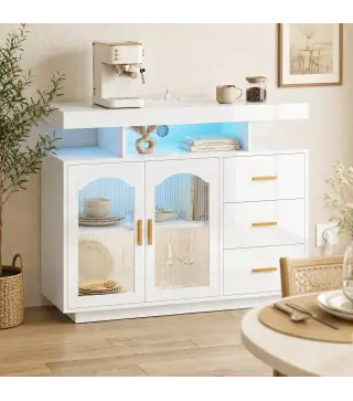 Aparador con LED RGB de 7 Colores Tomas Puertos USB 3 Cajones Estantes Abiertos 2 Puertas 100x35x80 cm Blanco Brillante