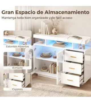 Aparador con LED RGB de 7 Colores Tomas Puertos USB 3 Cajones Estantes Abiertos 2 Puertas Blanco Brillante 100x35x80 cm