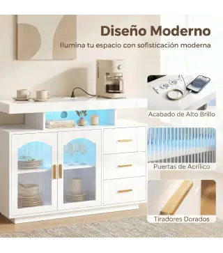Aparador con LED RGB de 7 Colores Tomas Puertos USB 3 Cajones Estantes Abiertos 2 Puertas Blanco Brillante 100x35x80 cm