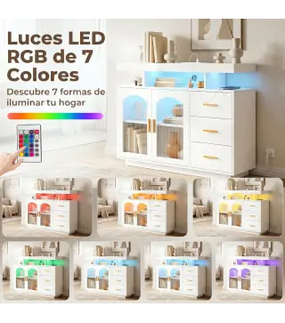 Aparador con LED RGB de 7 Colores Tomas Puertos USB 3 Cajones Estantes Abiertos 2 Puertas Blanco Brillante 100x35x80 cm