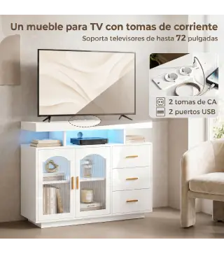 Aparador con LED RGB de 7 Colores Tomas Puertos USB 3 Cajones Estantes Abiertos 2 Puertas Blanco Brillante 100x35x80 cm