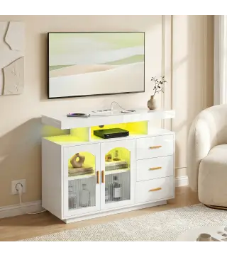 Aparador con LED RGB de 7 Colores Tomas Puertos USB 3 Cajones Estantes Abiertos 2 Puertas Blanco Brillante 100x35x80 cm