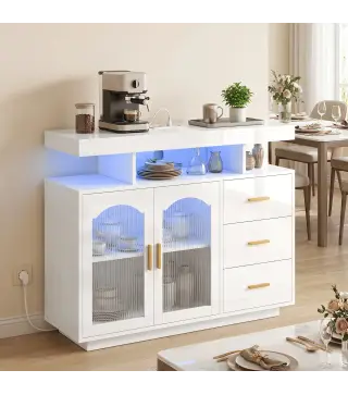 Aparador con LED RGB de 7 Colores Tomas Puertos USB 3 Cajones Estantes Abiertos 2 Puertas Blanco Brillante 100x35x80 cm