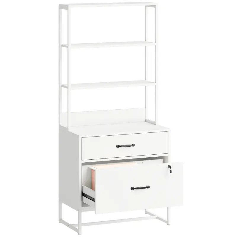 Mueble Archivador con Estantería 2 Cajones Encimera para Impresora Cerradura para A4 Letter Legal Blanco Mueble Archivador con Estantería 2 Cajones Encimera para Impresora Cerradura para A4 Letter Legal Blanco