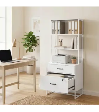 Mueble Archivador con Estantería 2 Cajones Encimera para Impresora Cerradura para A4 Letter Legal Blanco