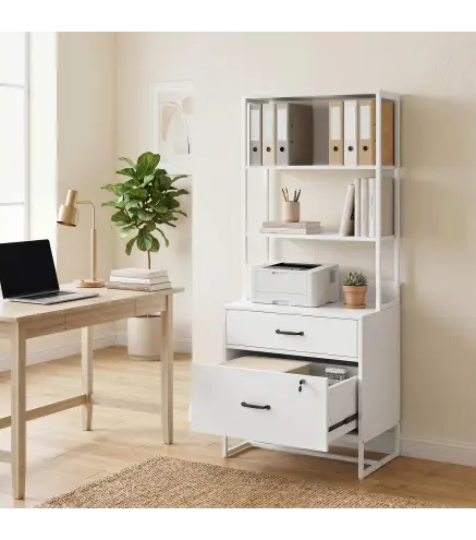 Mueble Archivador con Estantería 2 Cajones Encimera para Impresora Cerradura para A4 Letter Legal Blanco