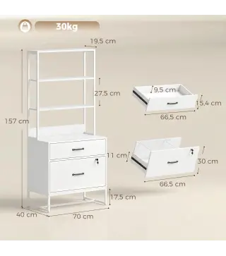 Mueble Archivador con Estantería 2 Cajones Encimera para Impresora Cerradura para A4 Letter Legal Blanco