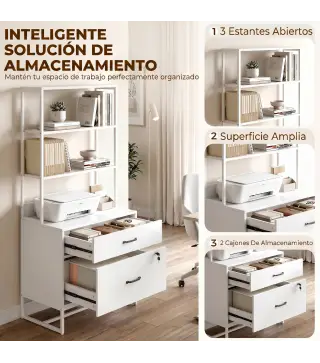 Mueble Archivador con Estantería 2 Cajones Encimera para Impresora Cerradura para A4 Letter Legal Blanco