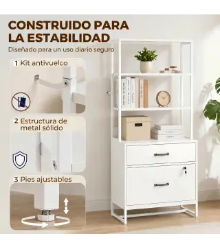 Mueble Archivador con Estantería 2 Cajones Encimera para Impresora Cerradura para A4 Letter Legal Blanco