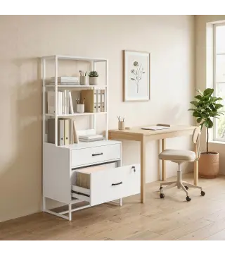 Mueble Archivador con Estantería 2 Cajones Encimera para Impresora Cerradura para A4 Letter Legal Blanco