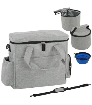 Transportín para Perros Bolsa de Premios con 2 Contenedores de Pienso y Cuenco Plegable Bolsillos, Gris Claro