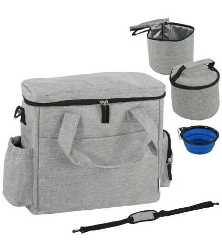 Transportín para Perros Bolsa de Premios con 2 Contenedores de Pienso y Cuenco Plegable Bolsillos, Gris Claro