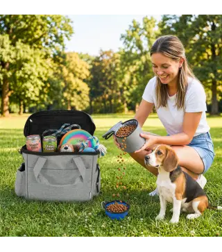 Transportín para Perros Bolsa de Premios con 2 Contenedores de Pienso y Cuenco Plegable Bolsillos, Gris Claro