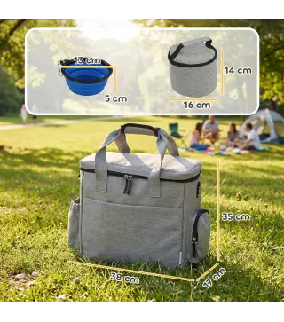 Transportín para Perros Bolsa de Premios con 2 Contenedores de Pienso y Cuenco Plegable Bolsillos, Gris Claro