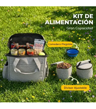 Transportín para Perros Bolsa de Premios con 2 Contenedores de Pienso y Cuenco Plegable Bolsillos, Gris Claro