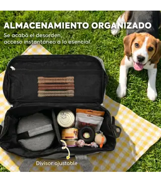 Transportín para Perros Bolsa de Premios con 2 Contenedores de Pienso y Cuenco Plegable Bolsillos, Gris Claro