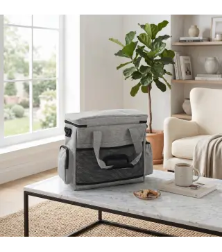 Transportín para Perros Bolsa de Premios con 2 Contenedores de Pienso y Cuenco Plegable Bolsillos, Gris Claro